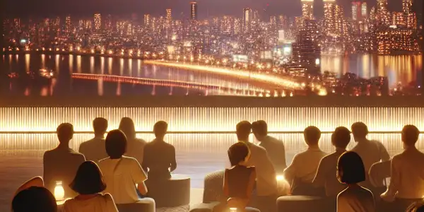 A modern cinematic lounge with diverse viewers captivated by a romantic film, surrounded by elegant Japanese decor.