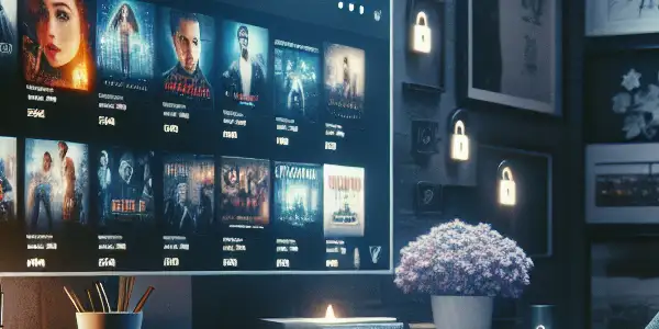 A cozy, dimly-lit room showcasing a computer desk with a vibrant adult film website and privacy elements.