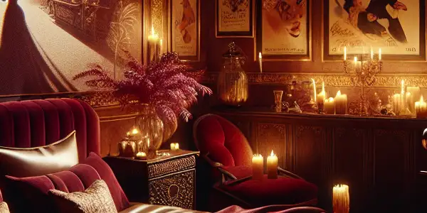 A luxurious bedroom scene with a vintage film projector, silk sheets, and romantic candlelight, evoking adult-themed cinema.