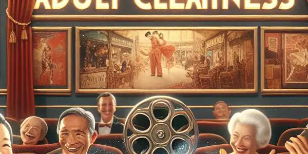 An elegant film screening room showcasing diverse viewers enjoying a classic adult film in a sophisticated atmosphere.