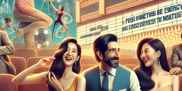 A lively scene blending modern adult entertainment with nostalgic 1980s Japanese film aesthetics, featuring diverse characters and vibrant colors.