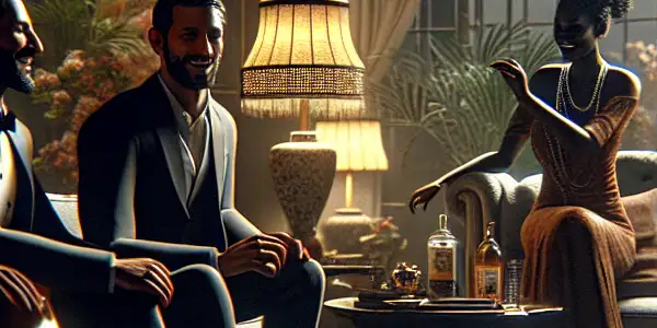 Two couples share an intimate moment in a cozy, dimly lit living room, filled with romance and intrigue.