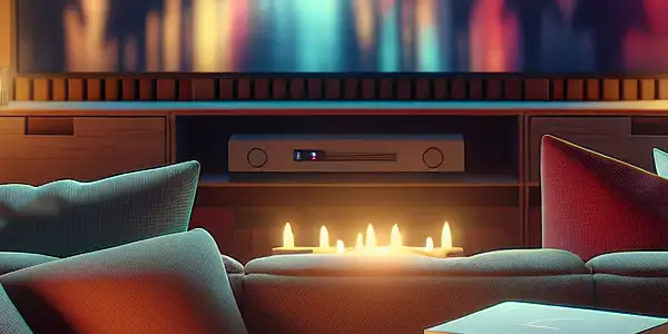 Cozy living room scene for adults featuring a plush sofa, popcorn, and condom boxes, evoking a movie night atmosphere.