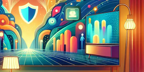 A cozy modern living room with a large screen showcasing vibrant abstract visuals and symbols of privacy and relaxation.