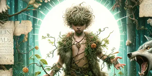 A wild child raised by wolves stands in a mystical forest, embodying innocence and primal strength.