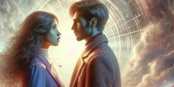 A romantic couple gazes into each other's eyes amid a surreal landscape with floating clocks and cherry blossoms.