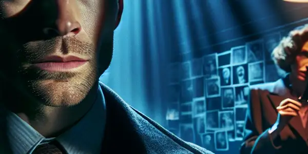 A tense interrogation room featuring a charismatic, menacing figure and a determined female protagonist analyzing evidence.