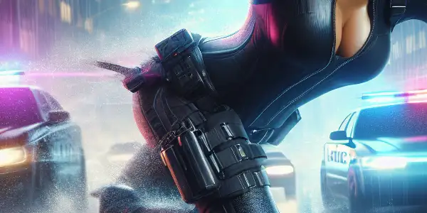 A captivating female police officer in tactical gear pursues action in a vibrant, neon-lit urban night scene.