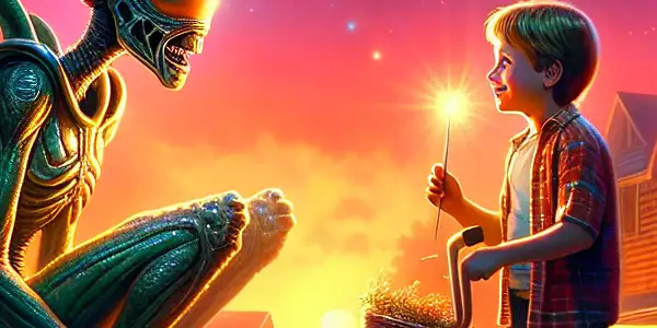 A young boy joyfully interacts with a whimsical alien in a magical suburban neighborhood at dusk.