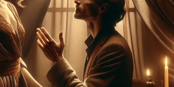 A couple in a passionate embrace in a softly lit, elegant room, surrounded by romantic elements.