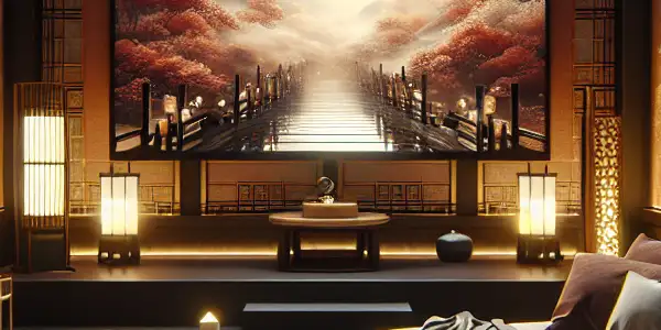 A stylish modern living room with a large screen showcasing abstract visuals, plush seating, and ambient lighting.