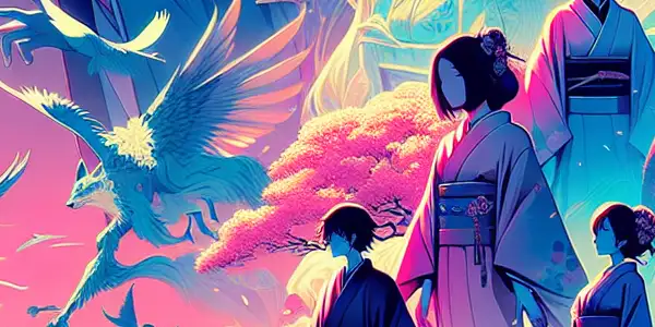 A vibrant poster blending whimsical landscapes and ethereal creatures, capturing the essence of Japanese cinema's duality.