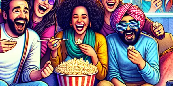 A lively movie night with friends laughing and enjoying a classic comedy film in a cozy living room.