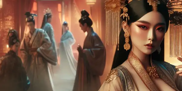 An elegant woman in intricate Ming Dynasty attire amidst a lavish palace, hinting at intrigue and romance.
