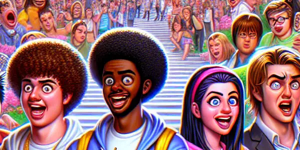 A chaotic high school scene with teenagers in humorous situations and oversized props, set against a colorful backdrop.
