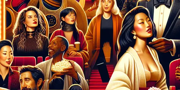 A vibrant film poster blending Western and Eastern adult film cultures with diverse characters enjoying a communal viewing experience.