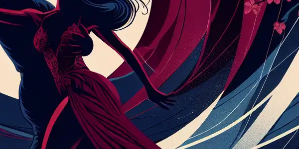 A sophisticated movie poster featuring a silhouetted couple dancing, surrounded by abstract colors and Japanese cultural elements.