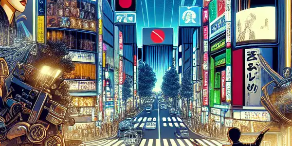 A vibrant neon-lit cityscape showcasing diverse characters in a dramatic moment reflecting the allure of Japanese adult films.