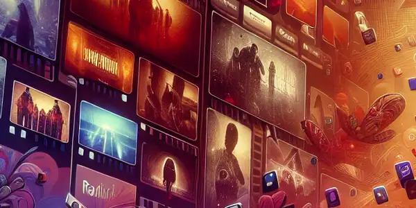 A modern digital interface showcasing vibrant thumbnails of popular Japanese adult films with a cinematic atmosphere.