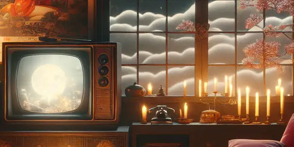 A cozy, dimly-lit living room with a vintage TV showing an erotic film, surrounded by candlelight and nostalgic decor.