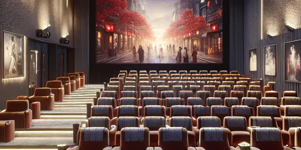 A modern cinema exterior with elegant signage, featuring a luxurious screening room and plush red velvet seats.