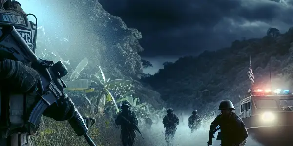 A tense police operation at night along the Mekong River, featuring a determined officer and a fleeing smuggler.