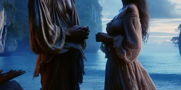 A mysterious island at twilight with a rugged castaway and an enigmatic woman sharing an intense gaze.