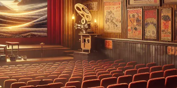 A retro cinema room showcasing a vintage Japanese adult film with modern VR technology and nostalgic decor.