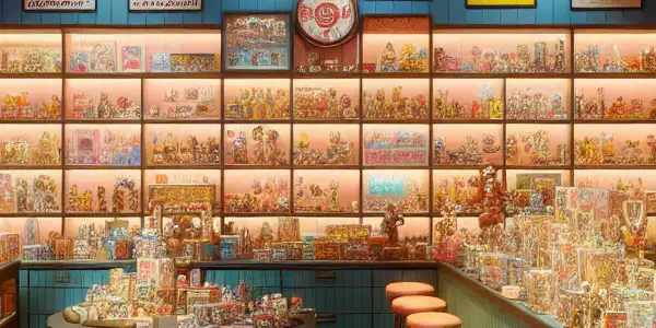 A vibrant adult toy shop filled with diverse toys, vintage posters, and an inviting, intimate atmosphere.