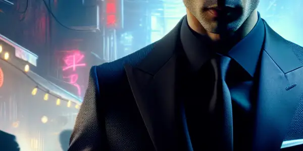 A cold, bald assassin in a tailored suit navigates a neon-lit urban environment filled with danger and intrigue.