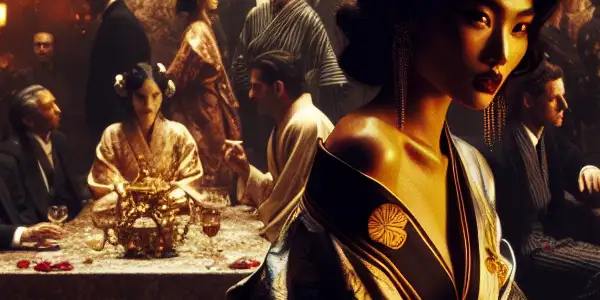 A lavish banquet hall filled with elegantly dressed individuals engaged in flirtation and desire, surrounded by rich decorations.