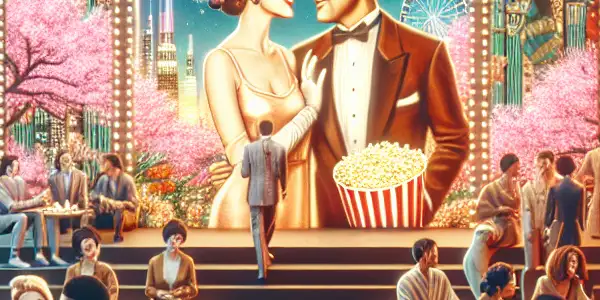 A vibrant film festival celebrating Japanese adult films, featuring a large screen, diverse crowd, and cultural elements.