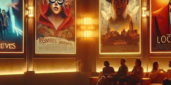 A vibrant movie theater showcasing bold adult film posters, with diverse audiences enjoying a captivating cinematic experience.