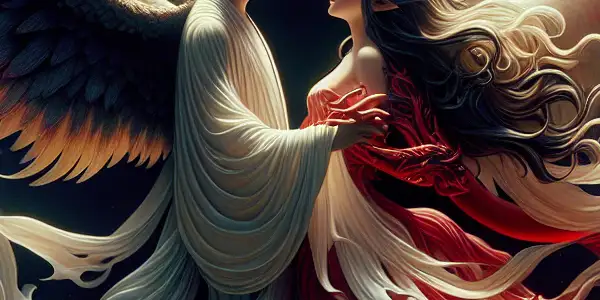 A dramatic scene of a devil and angel in a passionate embrace, symbolizing forbidden love amidst contrasting landscapes.