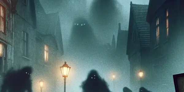 A foggy, desolate town with a shadowy figure holding a photograph, surrounded by lurking monsters.