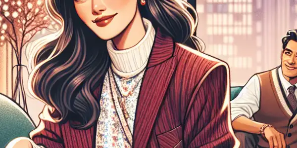 A flirtatious nanny interacts playfully with a male character in a cozy, stylish living room.