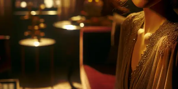 A captivating actress in a luxurious, dimly lit room exudes romantic tension with elegant furnishings and intimate details.